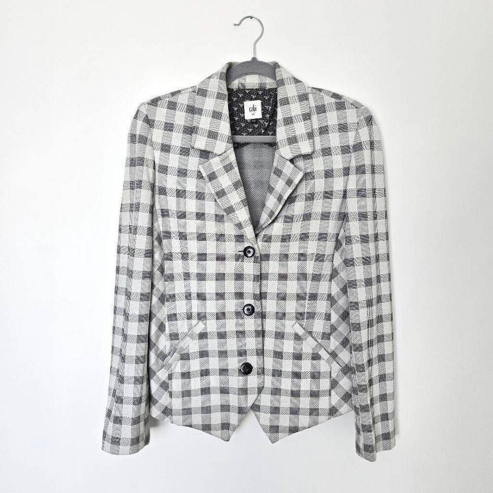 Cabi Valentina Plaid Blazer Women's 10 Knit Career Gray and White Stretchy Jacke